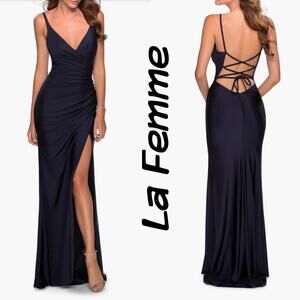 NWOT $328 La Femme Navy Lace-up Back Ruched Jersey Dress Size 4 Prom